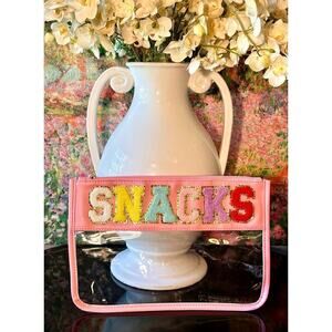 New Clear Pink "SNACKS" Zipper Pouch w/ Removable Wristlet Strap